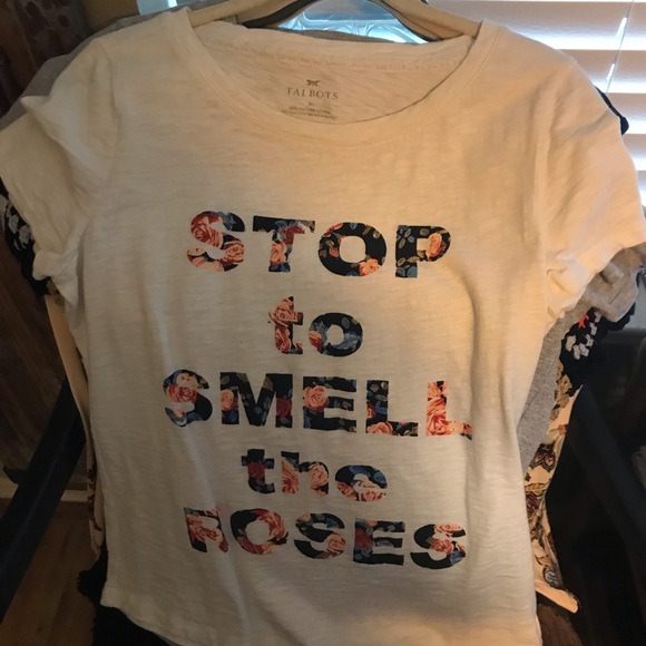 Talbots Tops - Talbots White Graphic Tee - "Stop to Smell the Roses" size M